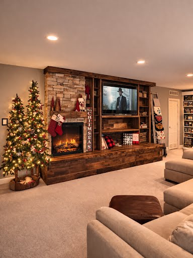 Rustic Wood Fireplace Mantel and Entertainment Center-CALL FOR PRICING