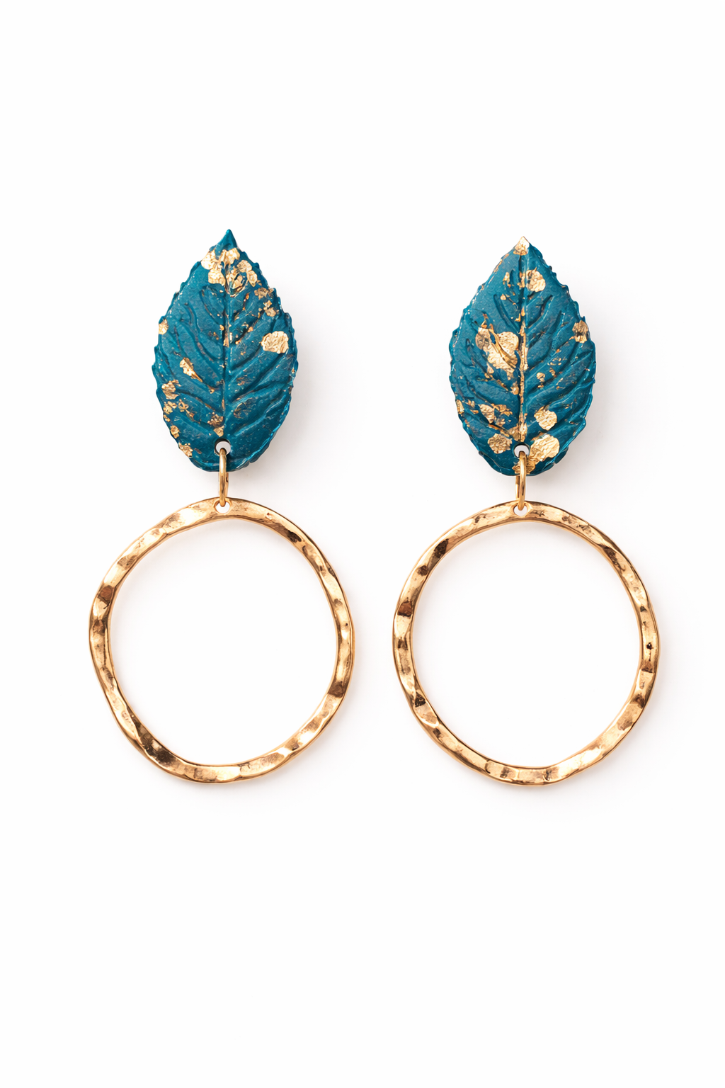 Teal Leaf & Gold Hoop Statement Earrings