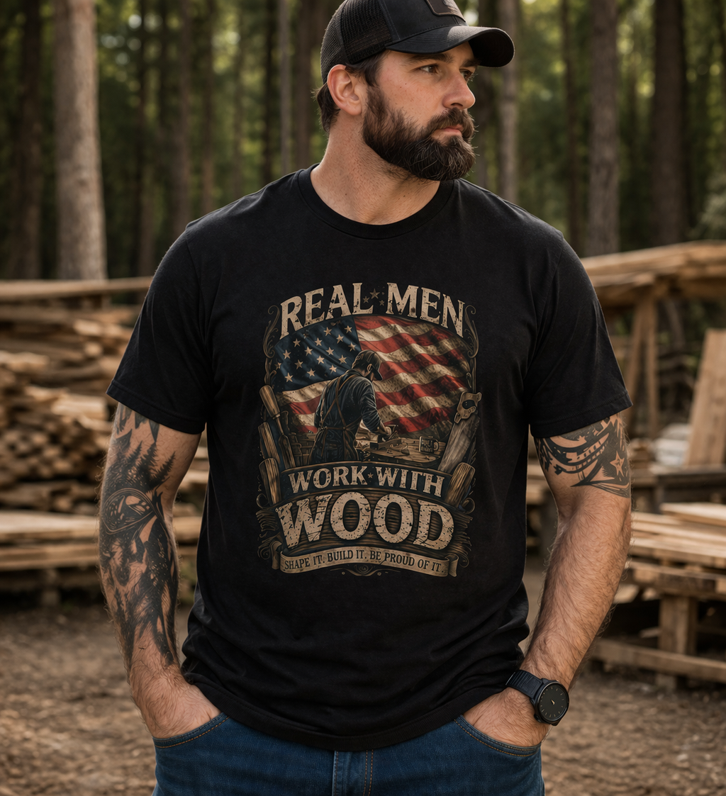 "Real Men Work with Wood"- Short Sleeve Graphic Tee
