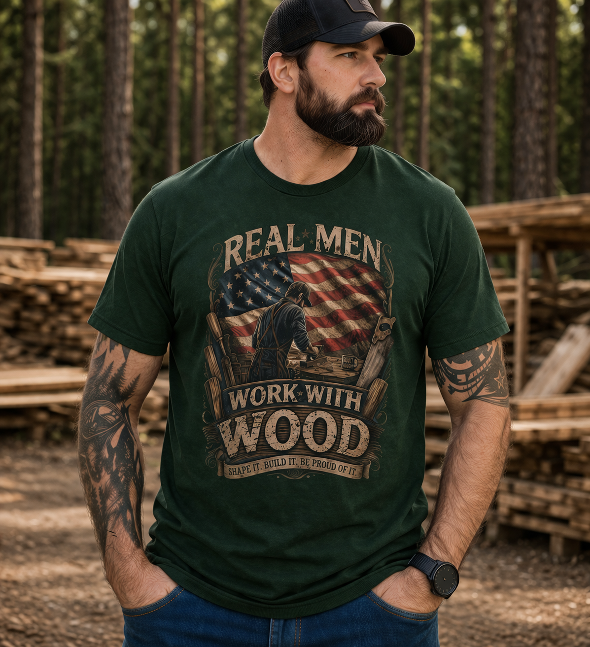 "Real Men Work with Wood"- Short Sleeve Graphic Tee
