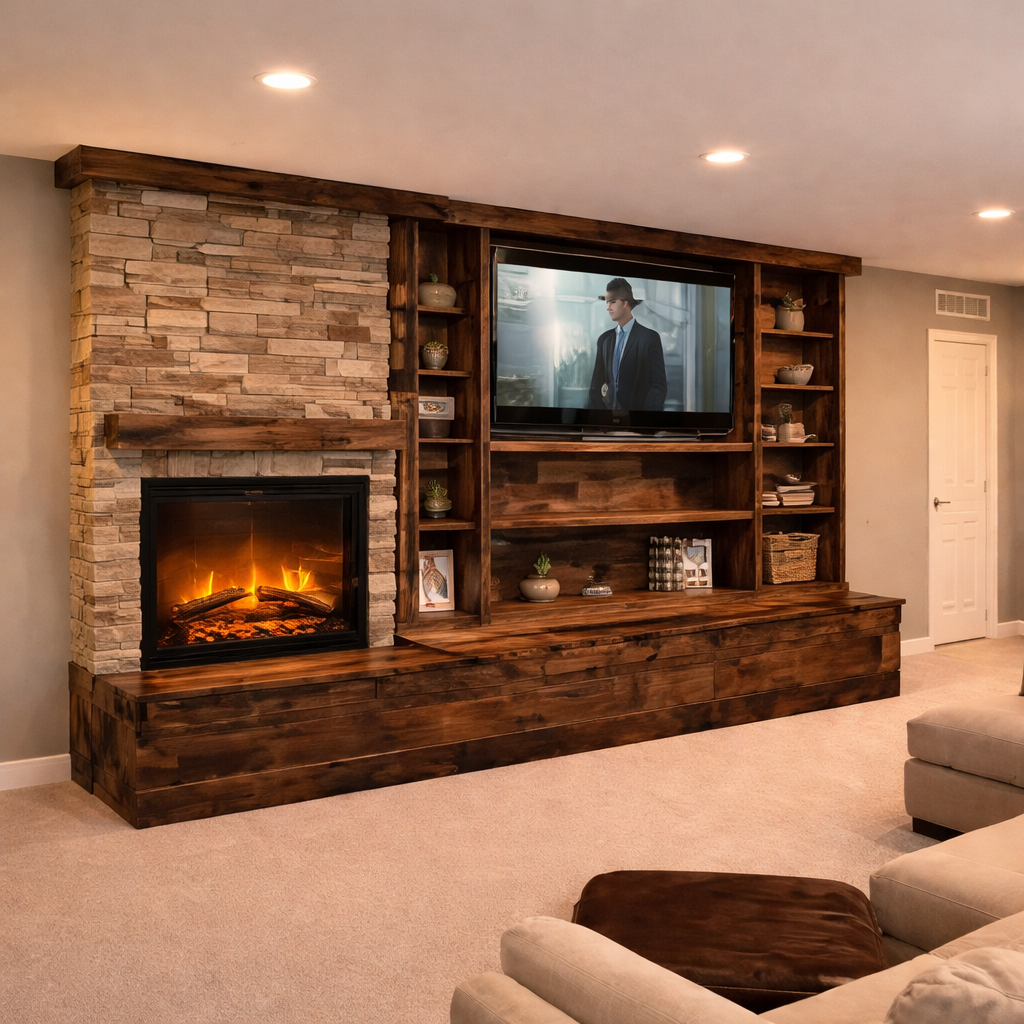 Rustic Wood Fireplace Mantel and Entertainment Center-CALL FOR PRICING