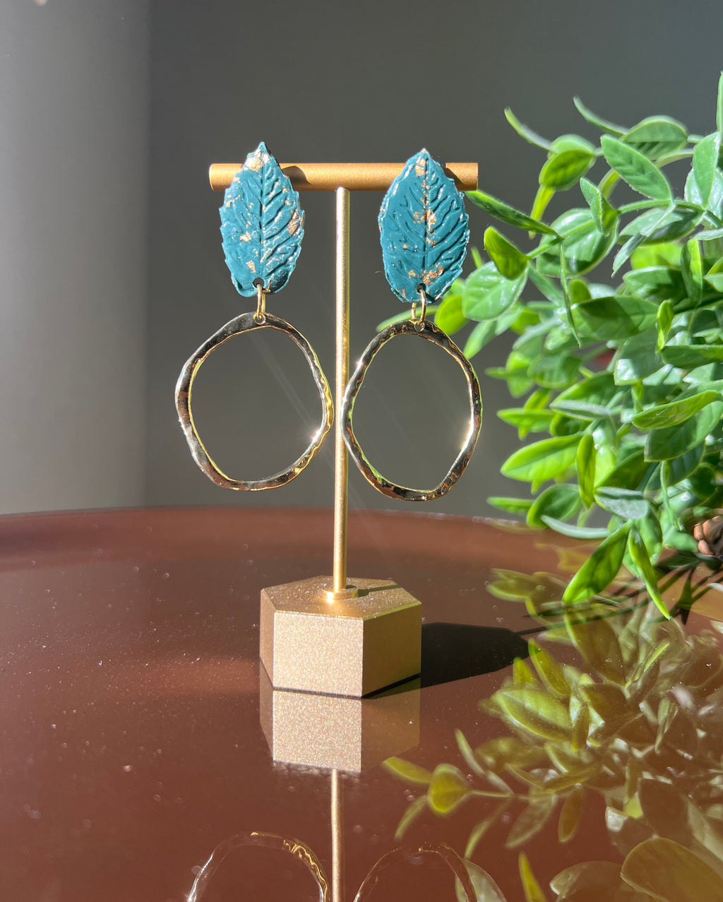 Teal Leaf & Gold Hoop Statement Earrings