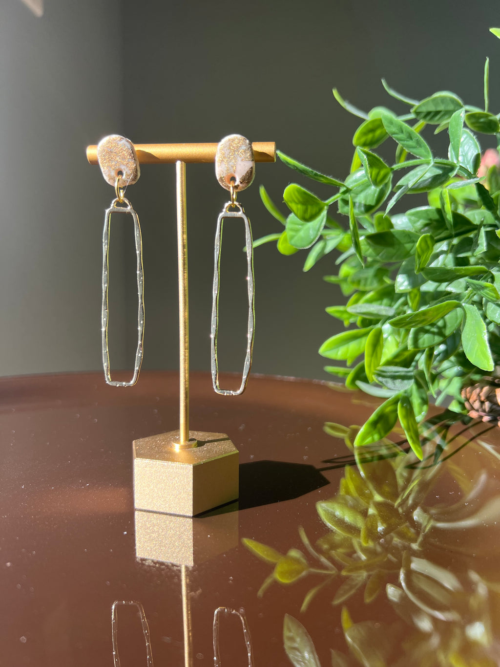 Gold & Clay Elongated Rectangle Dangle Earrings