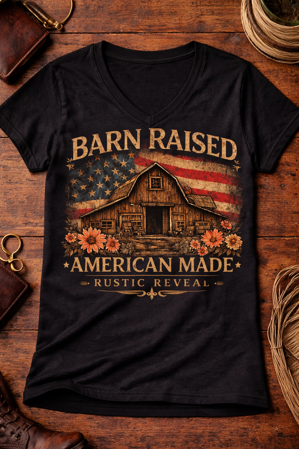 Rustic Reveal-Barn Raised American Made- V-Neck Graphic Tee - Black