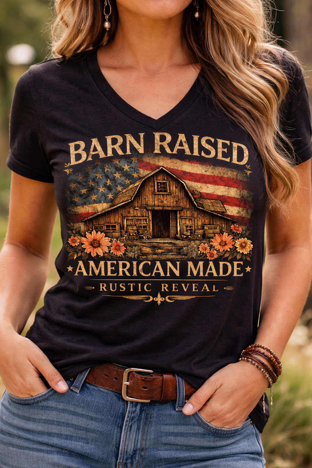 Rustic Reveal-Barn Raised American Made- V-Neck Graphic Tee - Black