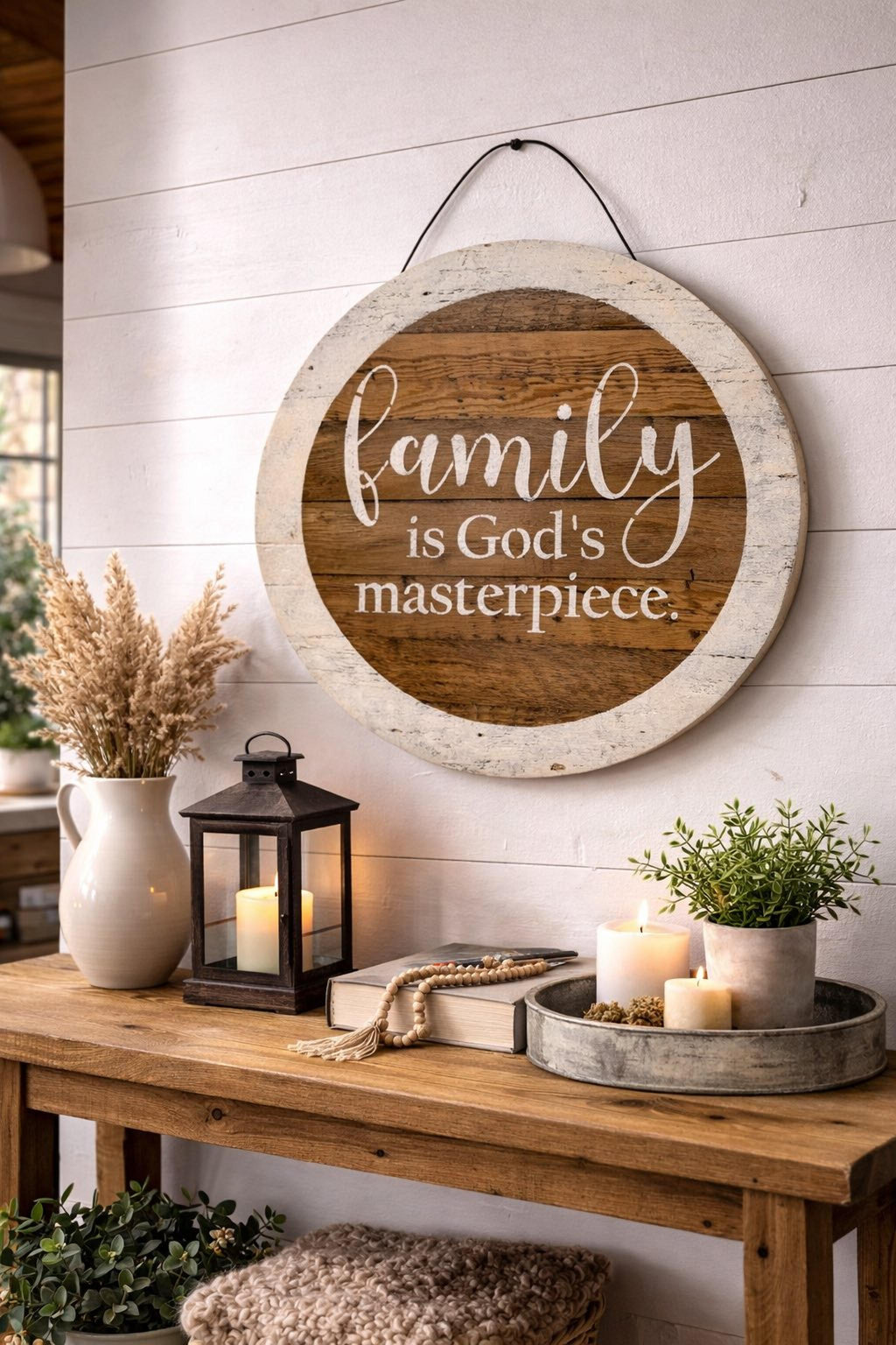Round Rustic Wooden Wall Sign-Family Is God's Masterpiece