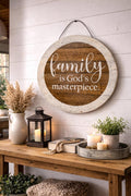 Round Rustic Wooden Wall Sign-Family Is God's Masterpiece